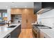 Modern kitchen showcasing sleek appliances, island with sink, and custom-built wood cabinetry at 5815 Peppy San Cir, Sedalia, CO 80135