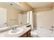 Well-lit bathroom featuring a shower-tub combo, updated vanity, and bright lighting at 1905 Graphite Ct, Castle Rock, CO 80108