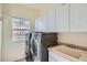 Laundry room with cabinetry, sink, and modern washer and dryer at 16333 Prairie Farm Cir, Parker, CO 80134