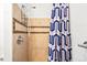 Tiled shower stall with mosaic accent and blue patterned shower curtain in cozy bathroom setting at 3737 Jason St, Denver, CO 80211