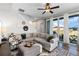 Cozy living room with plush seating, modern ceiling fan, and sliding glass doors to the exterior at 5351 Warrior St, Frederick, CO 80504