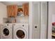 Modern laundry room equipped with washer and dryer, plus storage shelves at 1123 S Biscay St, Aurora, CO 80017