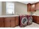 Laundry room featuring front loading washer and dryer, sink, and built-in cabinetry at 5010 Persimmon Ln, Castle Rock, CO 80109