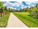 Neighborhood sidewalk through an open green space, lined with well-maintained lawns and homes at 5010 Persimmon Ln, Castle Rock, CO 80109
