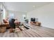 Living room with sleek laminate flooring, stylish furniture, and a modern entertainment center at 4903 Basalt Ridge Cir, Castle Rock, CO 80108