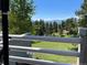 Picturesque backyard view from the porch, featuring lush trees and green grass at 24768 Foothills N Dr, Golden, CO 80401