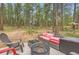 Enjoy outdoor living on this patio with comfortable seating and a fire pit surrounded by tall trees at 4305 Red Rock Dr, Larkspur, CO 80118