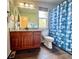 Bathroom featuring a wood cabinet vanity, a mirror, and a blue shower curtain at 16063 E 106Th Ct, Commerce City, CO 80022
