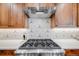 Close-up of a modern gas cooktop with custom backsplash and range hood at 2773 S Macon St, Aurora, CO 80014