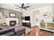 Cozy living room with a fireplace, hardwood floors, and stylish decorations at 10286 Rotherwood Cir, Highlands Ranch, CO 80130