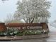 A community sign for Terrace at Columbine is surrounded by snow-covered shrubs and a large, blossoming tree at 7450 W Coal Mine Ave # D, Littleton, CO 80123