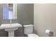 Clean half bathroom with pedestal sink, and standard toilet in a neutral color palette at 15804 Elizabeth Cir, Brighton, CO 80602