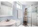 Basement bathroom with hexagonal tile shower at 2236 Jasmine St, Denver, CO 80207