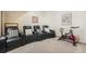Comfortable basement space with theater seating, gym equipment, and neutral carpeting, perfect for entertaining and exercising at 10592 Raven Run, Littleton, CO 80125