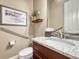 Well lit bathroom featuring granite counters, a modern sink, and decorative artwork on the walls at 416 Galaxy Dr, Castle Rock, CO 80108