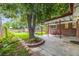 Manicured backyard with covered patio, brick accents, mature tree and lush green lawn at 245 Main St, Broomfield, CO 80020