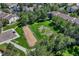 Aerial view showcasing the community grounds with a field, trees, and surrounding homes at 8555 Fairmount Dr # G103, Denver, CO 80247