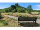 Scenic view of a walking path with a bench overlooking a green landscape and tree-covered mountain at 494 Black Feather Loop # 108, Castle Rock, CO 80104