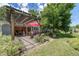Relax in this backyard featuring a shaded pergola with outdoor furniture at 2440 Saulsbury St, Lakewood, CO 80214