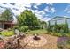 Spacious backyard featuring a fire pit, mature trees, garden area, and ample room for outdoor activities at 2440 Saulsbury St, Lakewood, CO 80214
