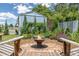 Charming backyard fire pit area surrounded by mature trees and colorful flowers for outdoor relaxation at 2440 Saulsbury St, Lakewood, CO 80214