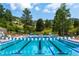 Outdoor swimming pool with lane markers and safety flags, surrounded by trees and seating areas at 929 Coneflower Dr, Golden, CO 80401