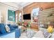 Bright living room featuring exposed brick walls, hardwood floors, and a comfortable blue sectional sofa at 1501 Wazee St # 4B, Denver, CO 80202