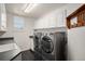 Well-lit laundry room with sleek, modern appliances, ample cabinet space, and dark floors at 6911 Chestnut Ct, Parker, CO 80134