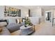 Relaxing living room with a gray sofa, stylish coffee table, and staircase access at 4853 Cattle Cross Ln, Castle Rock, CO 80104