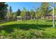 Backyard view of the home featuring a lush grassy lawn and patio furniture at 63 Sillasen Ln, Golden, CO 80403