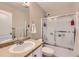 Bathroom with a single sink vanity, a large mirror, and a shower with sliding glass doors at 1824 Morningview Ln, Castle Rock, CO 80109