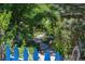 Secluded backyard featuring a brick path, blue fence and verdant landscaping at 901 S Leyden St, Denver, CO 80224