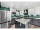Modern kitchen features stainless steel appliances, gray cabinets, granite countertops, and a center island at 2650 S Vaughn Way # D, Aurora, CO 80014