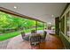 Covered patio with seating area overlooks the lush green backyard with mature trees at 18967 W 54Th Ln, Golden, CO 80403