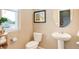 Bright bathroom with a pedestal sink, and a large window at 5546 Echo Hollow St, Castle Rock, CO 80104