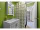Bathroom with glass block shower and white vanity at 10826 Livingston Dr, Northglenn, CO 80234