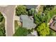 Aerial view of a home and its backyard featuring a patio and mature trees at 2249 Weatherstone Cir, Highlands Ranch, CO 80126