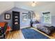 Serene bedroom with light blue walls, wooden floors, and a plush blue rug at 2540 Forest St, Denver, CO 80207