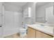 Clean bathroom with shower-tub combo, white fixtures, and vanity at 7977 S Kittredge St, Englewood, CO 80112