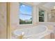 A soaking tub in a primary bathroom overlooks a manicured lawn at 7158 Torrey St, Arvada, CO 80007