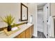 Bathroom vanity with framed mirror and tile countertops next to a tub and shower at 1358 Carlyle Park Cir, Highlands Ranch, CO 80129