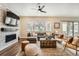 Inviting living room with a stone fireplace, comfortable seating, and abundant natural light at 2134 S Poppy St, Lakewood, CO 80228