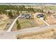 Stunning aerial view showing the property with two homes, long driveways and lush greenery at 1567 Arrowpoint Ct, Franktown, CO 80116