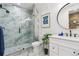 Modern bathroom featuring walk-in shower, updated vanity, and sleek fixtures at 1567 Arrowpoint Ct, Franktown, CO 80116