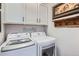 Efficient laundry room with modern LG washer and dryer, white cabinets, and stylish decor for a convenient space at 1784 Cade Ave, Castle Rock, CO 80104