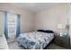Calm bedroom with blue accents, carpeted floor, and a comfortable bed by a window at 5611 S Sicily Cir, Aurora, CO 80015