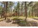Lush backyard featuring seating, wooded surroundings, and a Tudor home at 70 Long Bow Cir, Monument, CO 80132