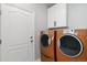 Laundry room with modern appliances, white cabinets, and convenient access door at 15131 Munich Ave, Parker, CO 80134