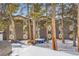 Exterior view of condo building with snow covered ground, mature trees, with bikes and kayak at 1941 Boreas Pass Rd # 1C, Breckenridge, CO 80424