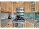 Compact kitchen boasts stainless steel appliances, natural wood cabinets, and green tile backsplash at 1920 S Downing St, Denver, CO 80210